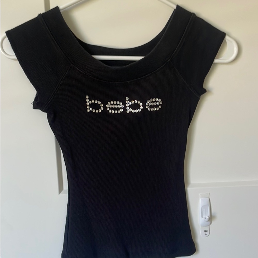 bebe Women's Black Embellished Logo Tee